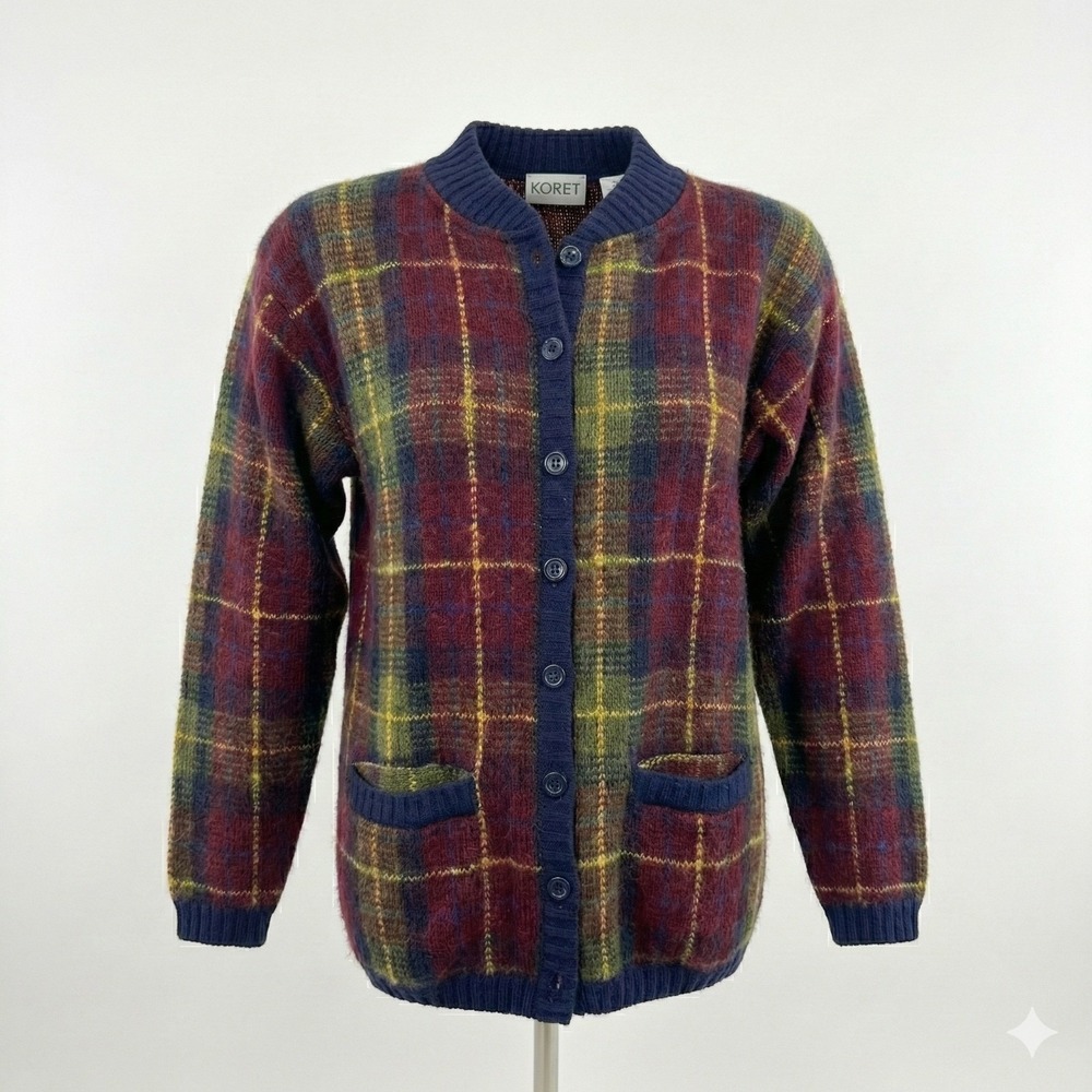 Vtg Koret Plaid Cardigan Sweater S Red‎ Green Tartan Button Front Grandma Core